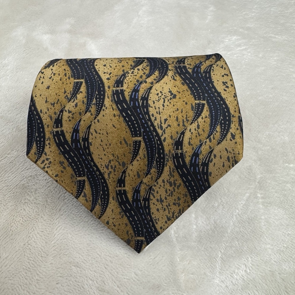Vintage Bugatti Villa 100% Silk Extra Long Tie‎ Abstract Wave Gold Blue Italy